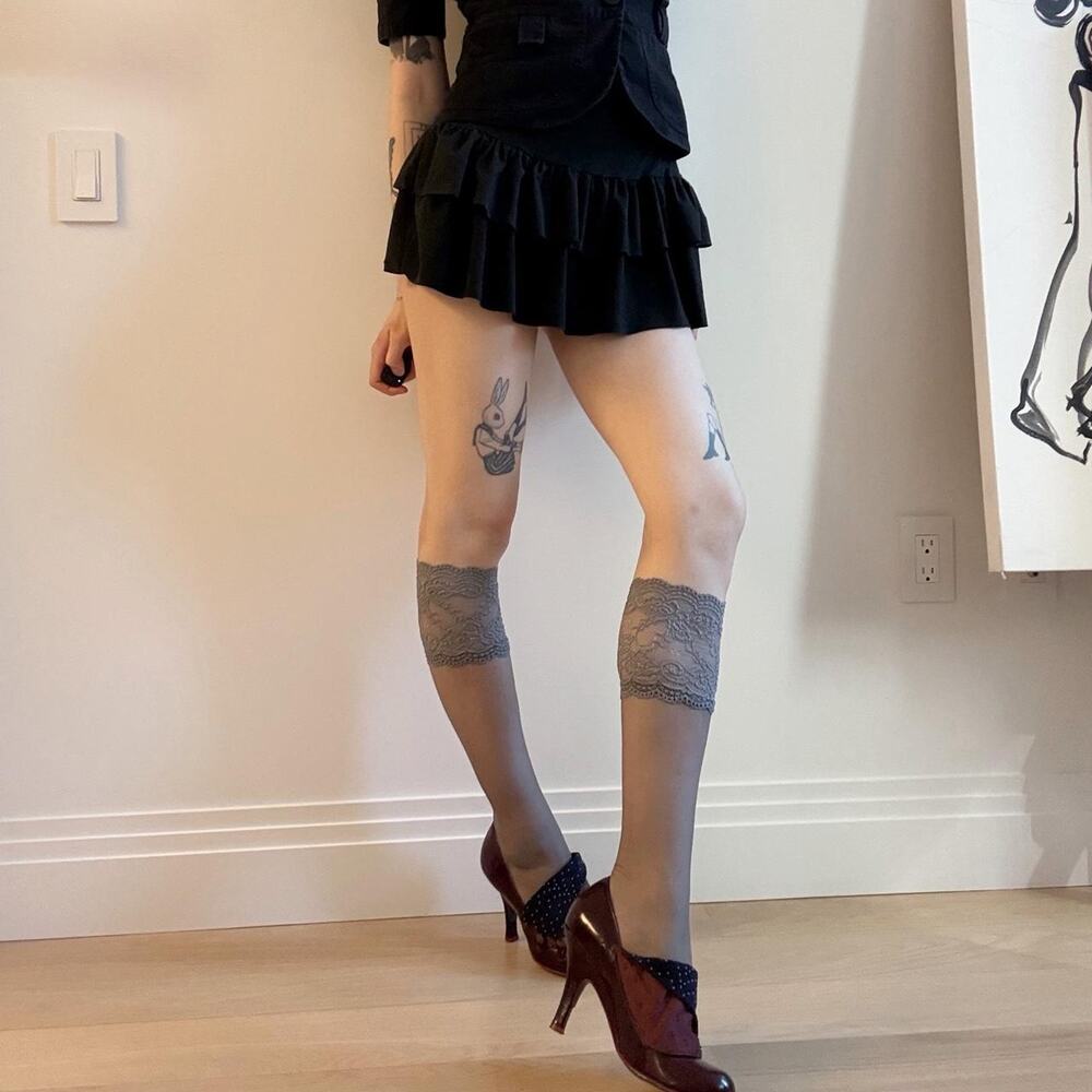 Sheer grey lace top knee